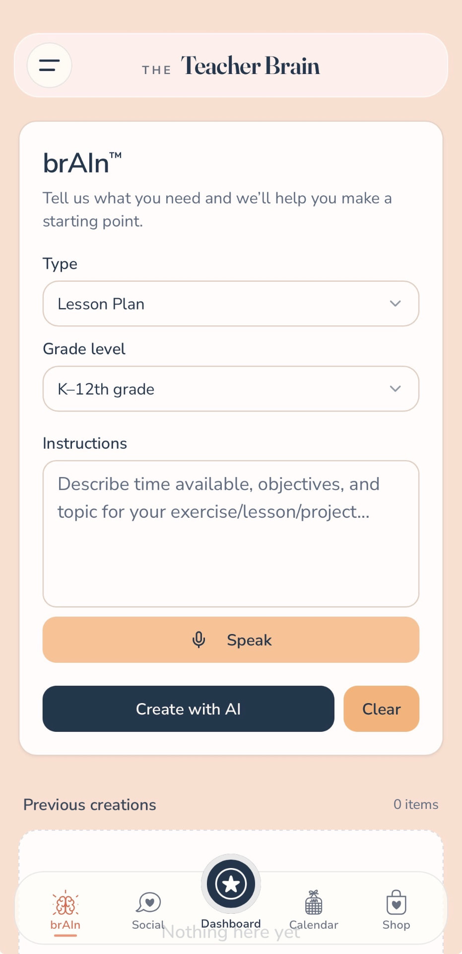 The brAIn screen with a creation type picker, grade level selector, an instructions field with a voice input button, and a Create with AI button