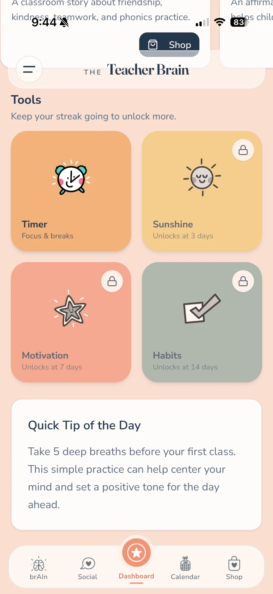 Tools screen showing an unlocked focus Timer with locked Motivation and Habits tiles, plus a Quick Tip of the Day card